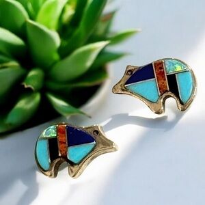 Vintage Zuni Mosaic Inlay Turquoise Sterling Silver Fetish Bear Post Earrings